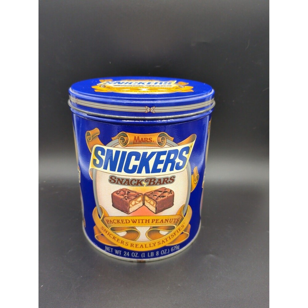 Vintage 1987 Snickers Candy Tin Blue Metal Snack Bars Container Retro Used
